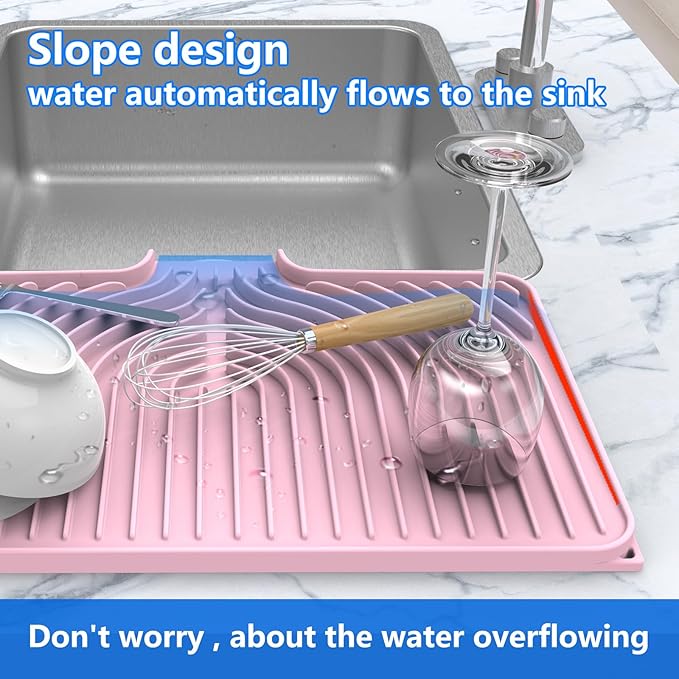 Dish Drying Matt for Kitchen Counter,18"×12"Silicone Dry Rack Mat with Built in Drain, Kitchen Dry Mats for Dishes Drying Pad for Counter(18"×12"Pink)