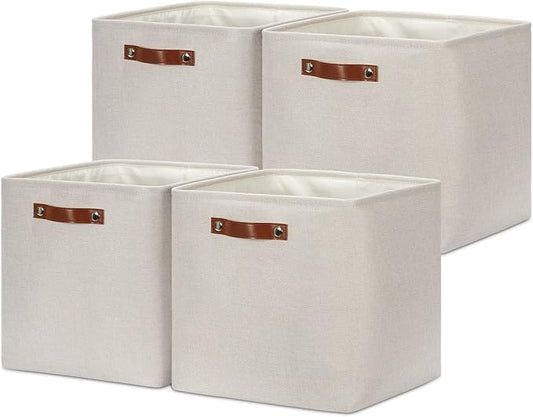 DULLEMELO Storage Bins, 4 Pack Of 13x13x13 Decorative Storage Cube Bins Suit Office, Home, Shelves And Closet, Cube Storage Bin with Leather handle(4 Pack - 13" Beige)