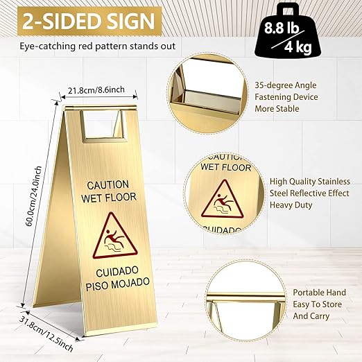 Kigley 2 Pcs Wet Floor Sign, 24 Inch Stainless Steel Caution Wet Floor Sign Double Sided Portable Foldable Bilingual Safety Warning for Hotel Market Restroom Restaurant Office (Gold)