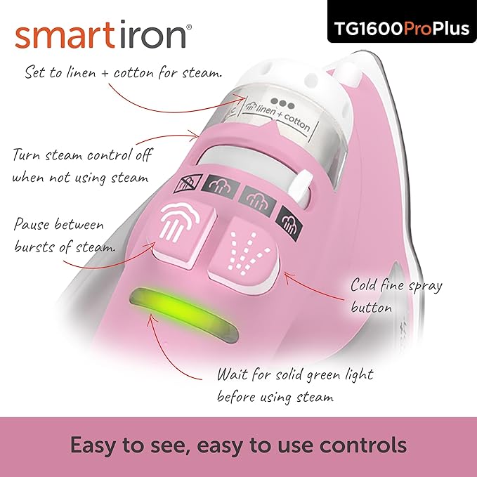oliso TG1600 ProPlus Smart Iron with Auto-Lift – 1800 Watt Steam Iron for Clothes, Sewing, Quilting & Crafting – Diamond Ceramic-Flow Soleplate, Rosé