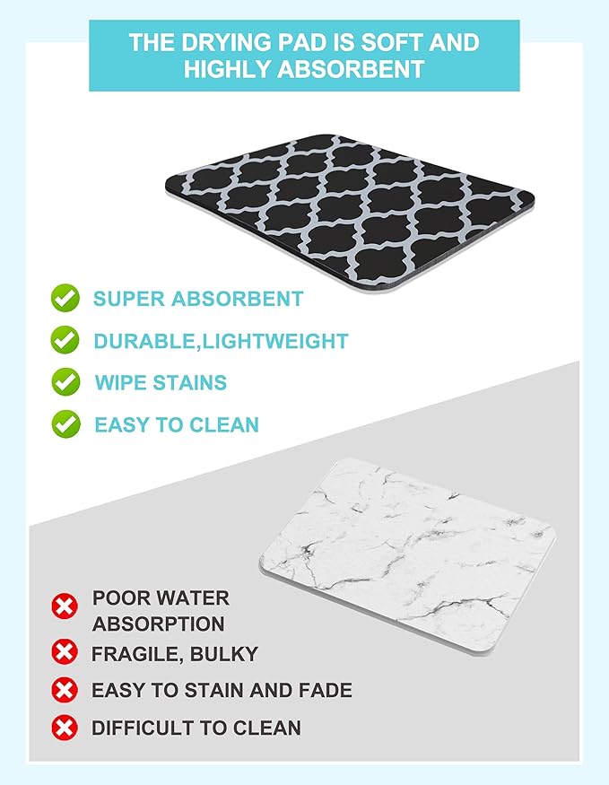 Dish Drying Mat for Kitchen Counter, 16"x24" Dish Drying Pad with Non-slip Rubber Backed, Hide Stain Anti Absorbent for Kitchen Counter, Drying Mat for Coffee Machine Dish Rack (Black Trellis)