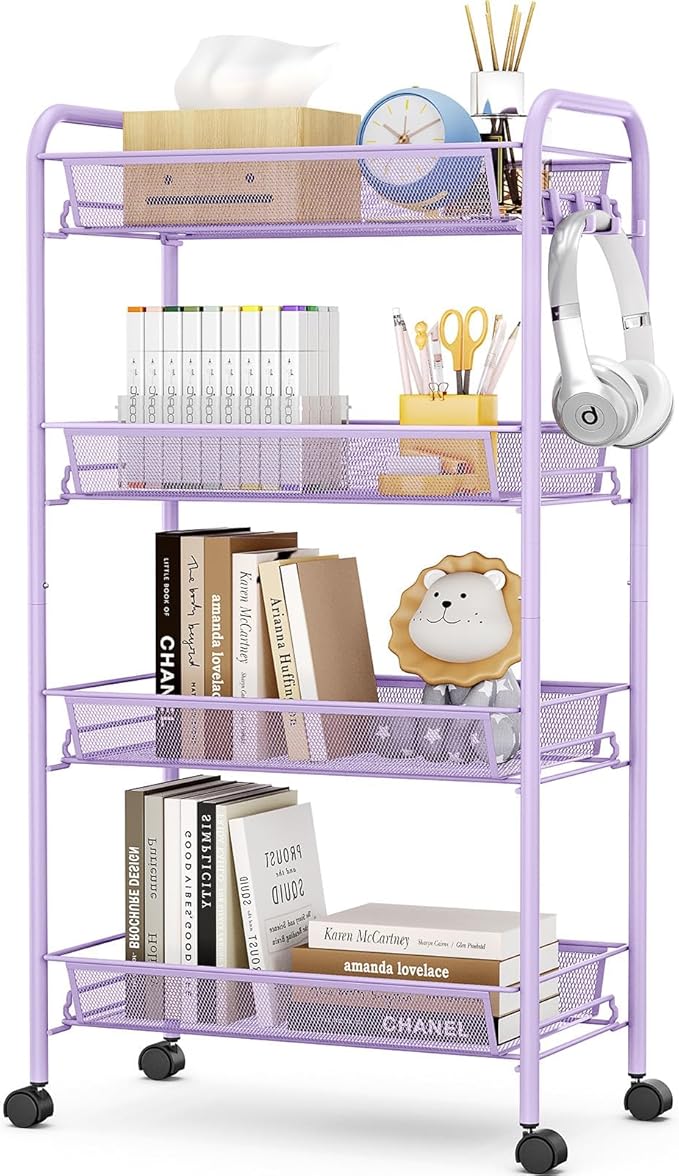 TOOLF 4-Tier Rolling Cart, Metal Utility Cart with 3 Hooks, Easy Assemble Mobile Storage Trolley On Wheels, Metal Shelving Units Kitchen Bathroom Laundry Room
