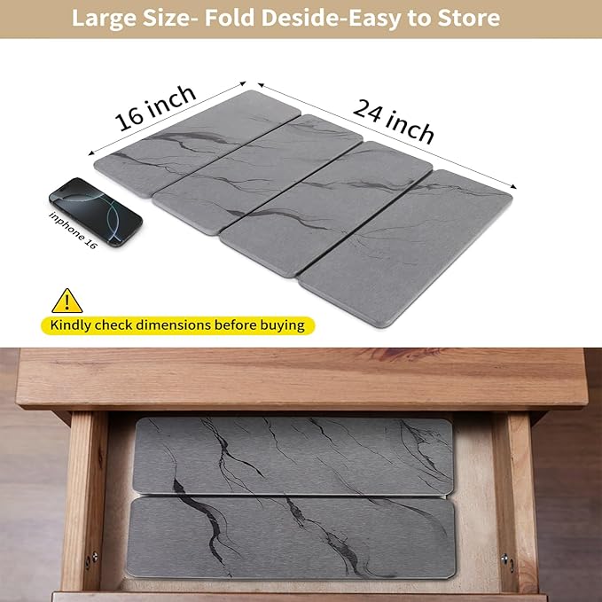 Large Stone Drying Mat for Kitchen Counter24"x16" , Misty Gray,Diatomaceous Earth Quick Dry Foldable Dish Drying Mat, Eco-Friendly Minimalist Design for Modern Homes (Gray, Large)