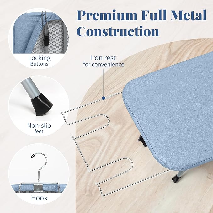 Small Ironing Board Tabletop with Cover and Pad, BlissBoard Mini Folding Iron Board Portable with Non-Slip Feet, Compact Ironing Table for Travel, 31"x12", Blue