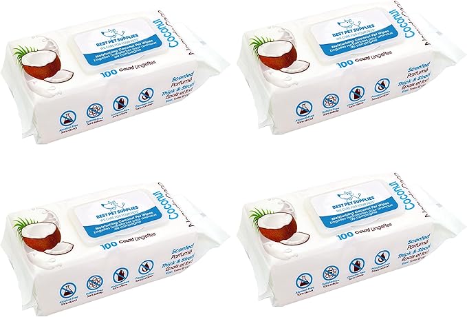 Best Pet Supplies Pet Grooming Wipes for Dogs & Cats,Deodorizer for Coats & Dry, Itchy, or Sensitive Skin, Clean Ears, Paws, Body, & Butt - Moisturizing Coconut, 400 Count