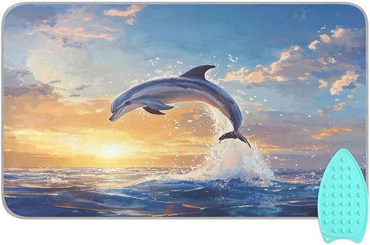 Dolphin Jumping Sunset Blue Ironing Mat Thickened Ironing Blanket Travel Portable Double-Side Using Ironing Pad Travel Isolate Heat Pad Cover for Washer Dryer Table Top Countertop 27.6x47.2in