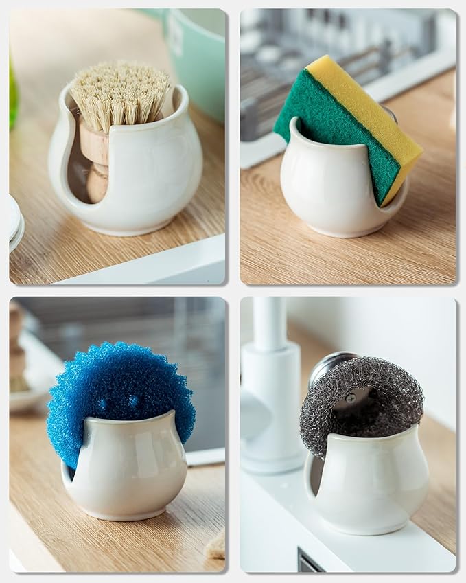 Sponge Holder for Kitchen Sink Counter, Ceramic Dish Sponge Caddy White Sink Organizer Dish Rack Farmhouse Brush Holder for Bathroom, Kitchen, White