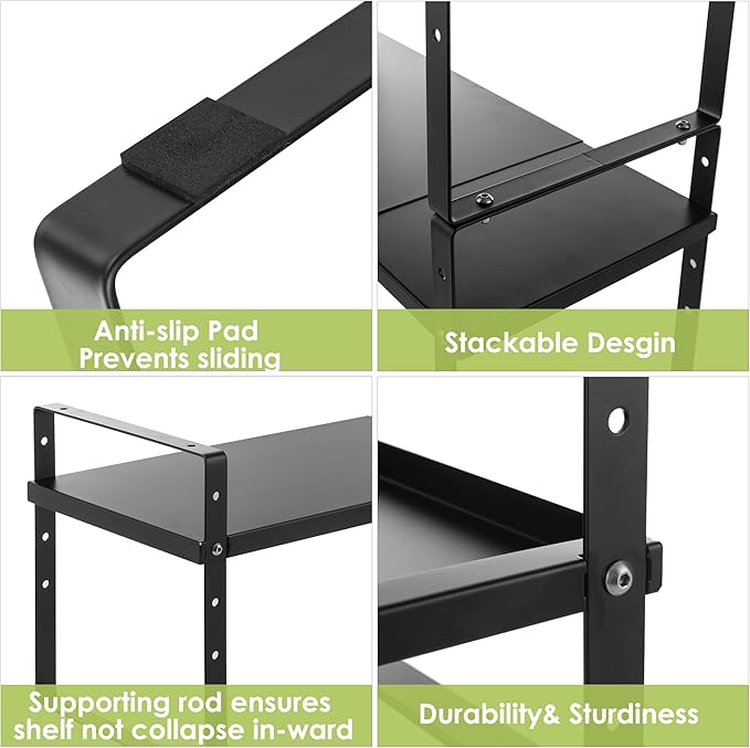 Expandable Cabinet Shelf Organizer Rack, Stackable Kitchen Counter Storage Shelves Stand, Adjustable Height Pantry Shelf Spice Rack (Black, 2 Pack)