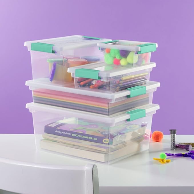Sterilite 24-Pack Clip Box, Stackable Clear Plastic Bins with Latching Lids, Mini - Writing, Arts or Crafts Supplies Storage Containers for Home, Office, Classroom and Workshop Organization
