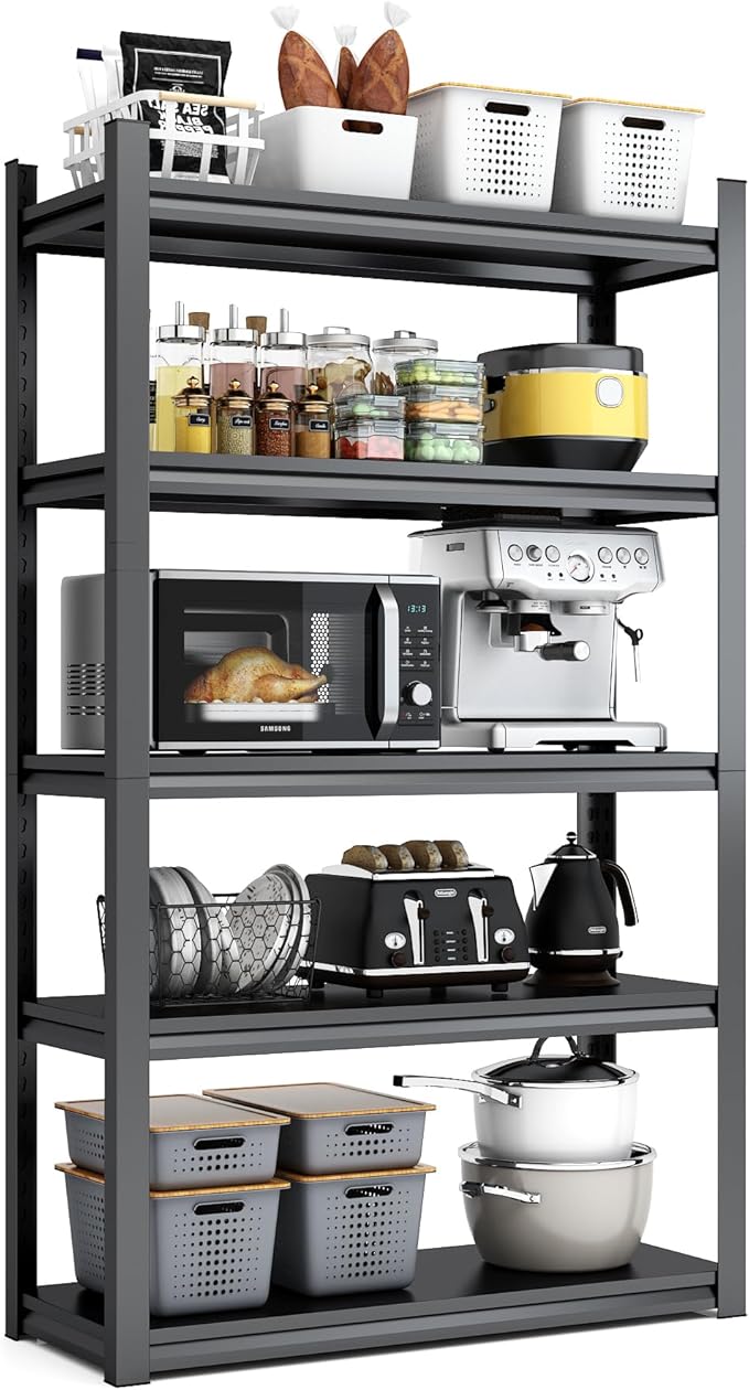 Heavy Duty Garage Shelving, Metal Storage Shelves, Adjustable 5 Tier Metal Shelving Unit, Industrial Utility Rack for Garage, Warehouse, Workshop, 12" D×27.5" W×60" H, Black