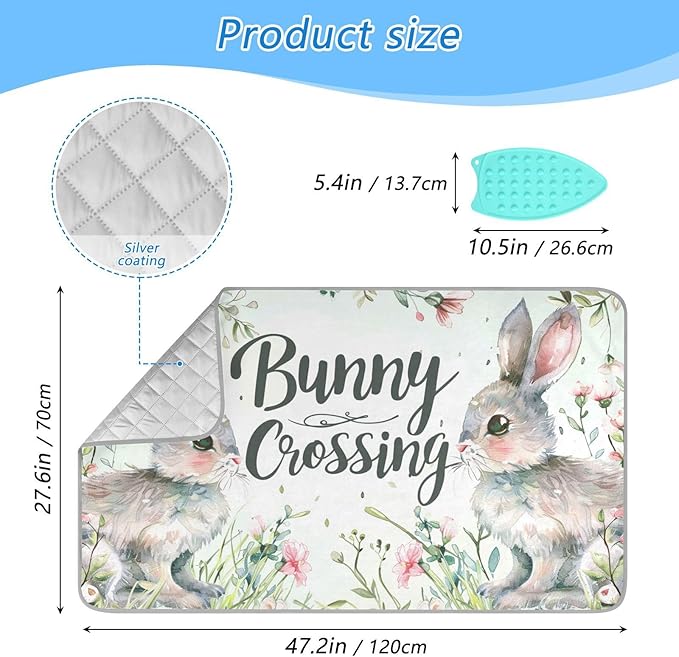 Ironing Mat Portable Ironing Pad Ironing Blanket for Table Top Heat Resistance Double-Side Using Travel Large 47.2 x 27.6 Inch Foldable Lightweight Easter Bunny Flower