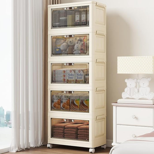 5 Tier - 34QT Storage Bins with Lids, Collapsible Storage Bins with Doors and Wheels, Plastic Storage Cabinet for Easy Storage and Organization for Living Room, Office