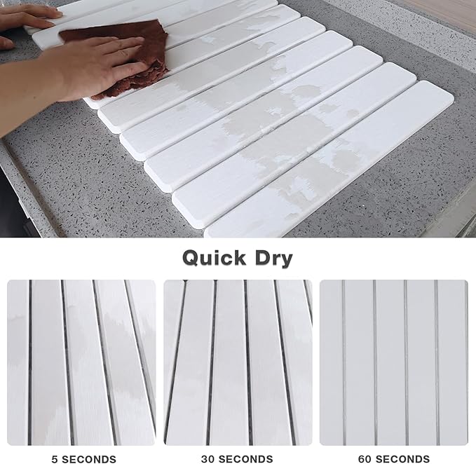 Diatomaceous Earth Stone Dish Drying Mat for Kitchen Counter – 24”x16”, Non-Slip Quick-Dry Surface, Sleek Foldable Design & Collapsible Storage, White
