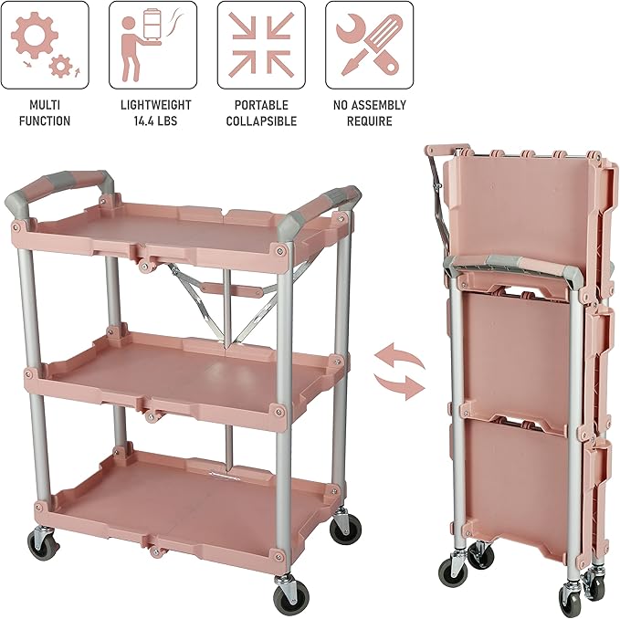 Olympia Tools 89-350 Pack-N-Roll Folding Collapsible Service Cart, 150LB Capacity, Rose