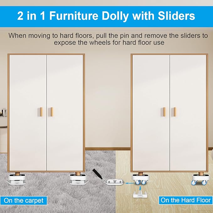 New Upgraded Furniture Sliders for Hard Floors & Carpets, 2-in-1 Furniture Movers with Wheels, Furniture Dolly for Moving Heavy Duty Sofa, Bed, Appliance, Load Capacity Up to 750lb