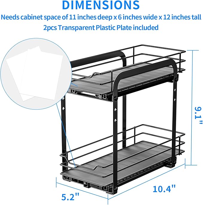 RCHYFEED Spice Organization for Cabinet, 2 Tier Pull Out Spice Rack for Seasoning Organizer, Height Adjustable Heavy Duty Metal Basket for Inside Cabinets & Pantry Closet(5.5" Wx10.5 Dx9.5 H)