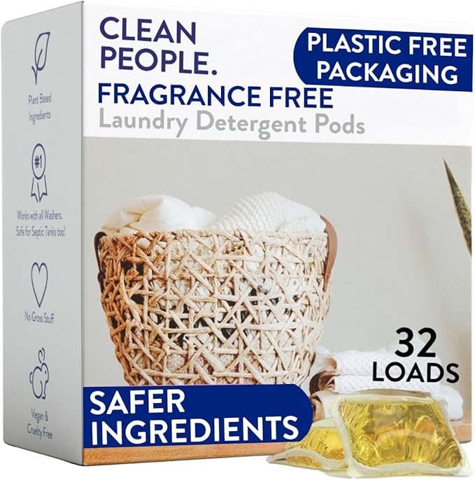 The Clean People Fragrance Free Laundry Detergent Pods - Hypoallergenic Laundry Pods - Ultra Concentrated, Recyclable Packaging, Stain Fighting - Fragrance Free, 32 Pack