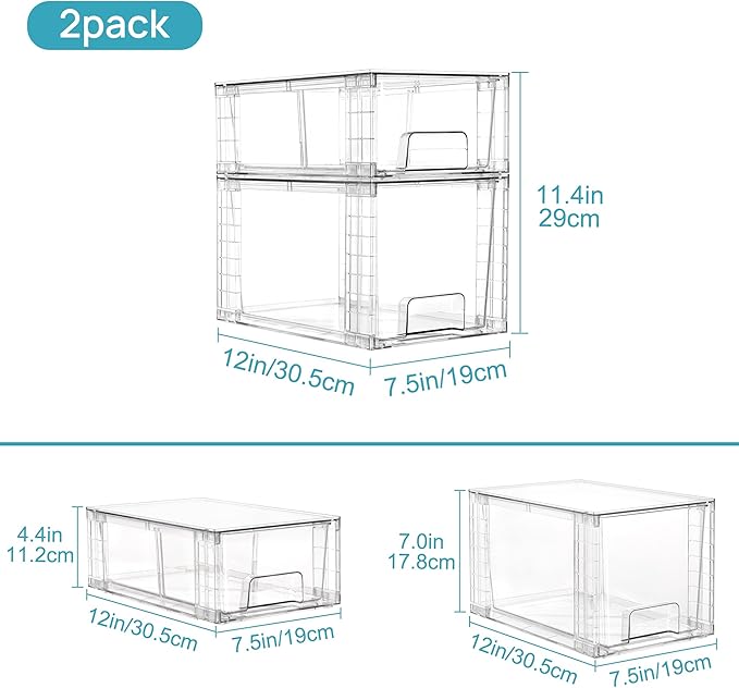 Vtopmart 6 Pack Clear Stackable Storage Drawers,Easy to Assemble Bathroom Organizers and Storage with handles,Plastic Drawers for Kitchen Pantry,Cabinet,Under Sink Organization