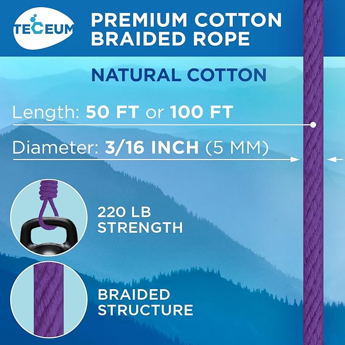 TECEUM Cotton Rope 3/16” (5 mm) – 100 FT – Strong All-Purpose Braided Rope – Natural Cotton – for Crafting, Сamping, Clothes Line, DIY, Indoor & Outdoor Use – Purple