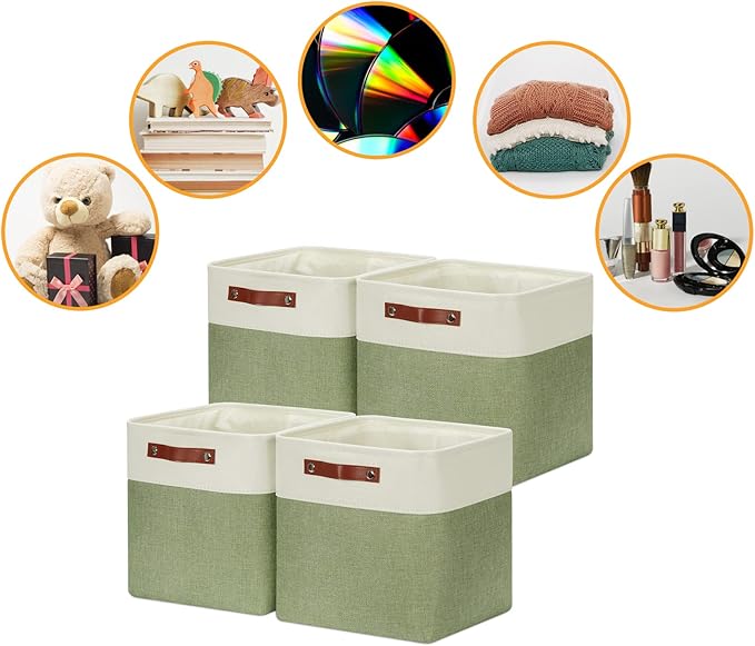 DULLEMELO Storage Basket, Linen Closet Organizers and Storage Baskets for Home Office, Suitable as Dog Toy Box, Baby Gift Basket, 4 Pieces 12x12 Decorative Cube Storage Bins(4 Pack - 12" White&Green)