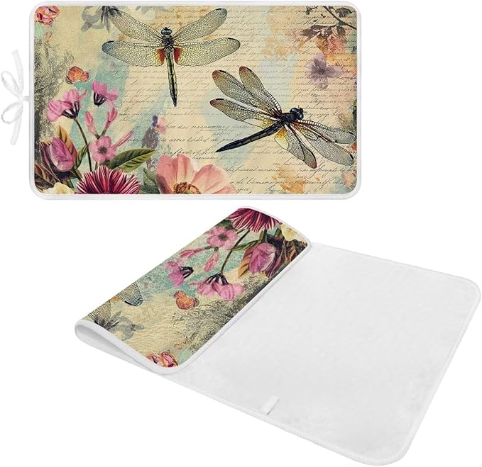 Vintage Ironing Pad Dragonfly Ironing Blanket Thick Travel Iron Pad Heat Resistant Ironing Board Cover for Table Top, Washer, Dryer,32 x 16 Inch Ironing Mats
