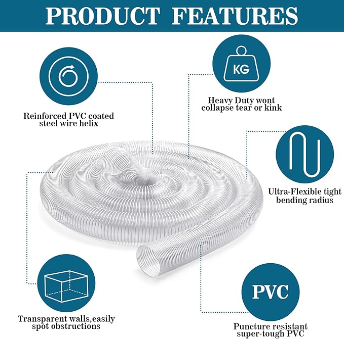 2.5 inches 30 ft PVC Dust Collection Hose with Stainless Steel Clamps Set Flexible Clear Vacuum Puncture Resistant Fume Hose for Vacuums Cleaner Fume Dust Collection System