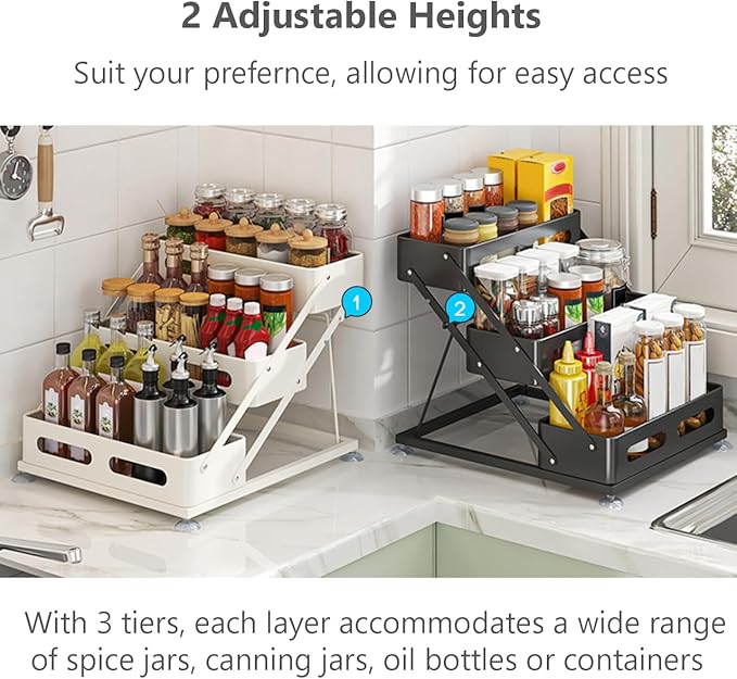 3 Tier Foldable Spice Rack for Countertop Iron Kitchen Seasoning Organizer for Cabinet, White
