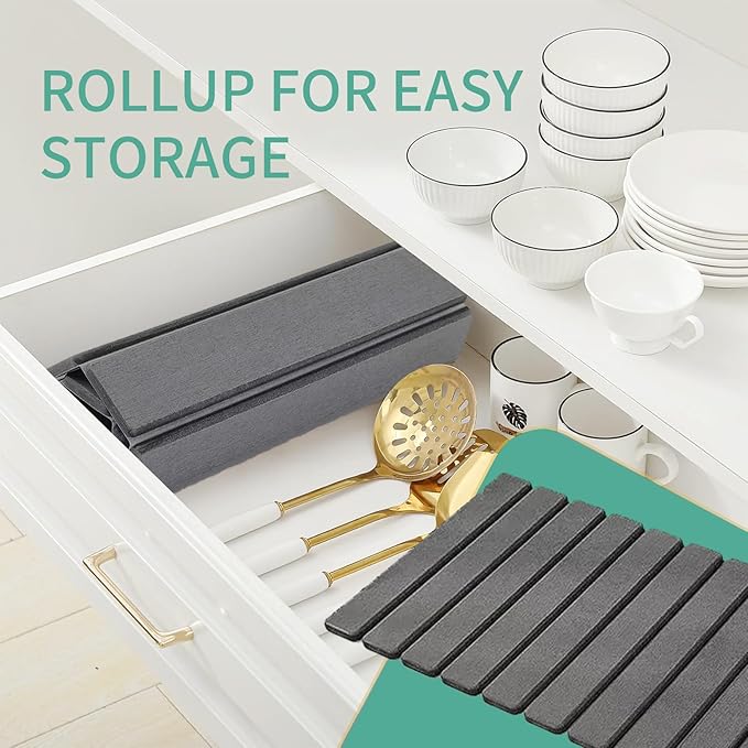 Stone Drying Mat for Kitchen Counter, Collapsible Dish Drying Mat, Fast Drying Diatomaceous Earth Dish Drying Mats, Water Absorbent Diatomite Kitchen Mat (dark grey, medium)