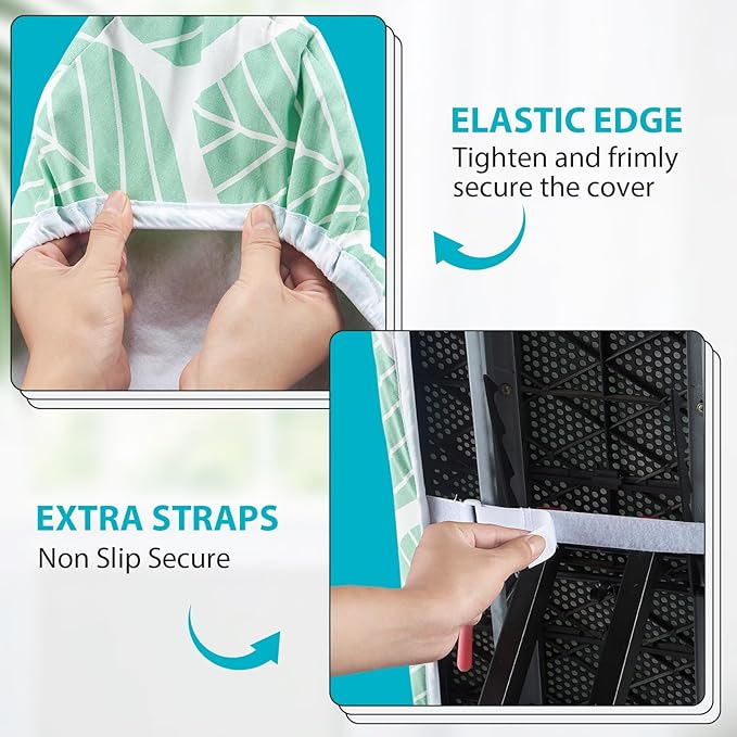 Ironing Board Cover and Pad, Standard Size 15 x 54, Thick Padding with Elasticized Edges, Heat Reflective with Hook and Loop Fasteners, 3 Layers Iron Board Cover (Green Leaf)