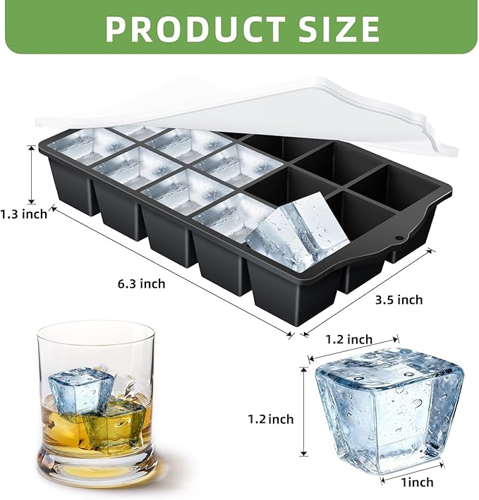 Silicone Ice Cube Tray, 2 Pack Easy-Release Stackable Ice Trays for Freezer with Lid 15 Reusable Cubes, Food Grade BPA Free Ice Molds for Whiskey, Baby Food, Coffee, Cocktail, Drinks (Black)