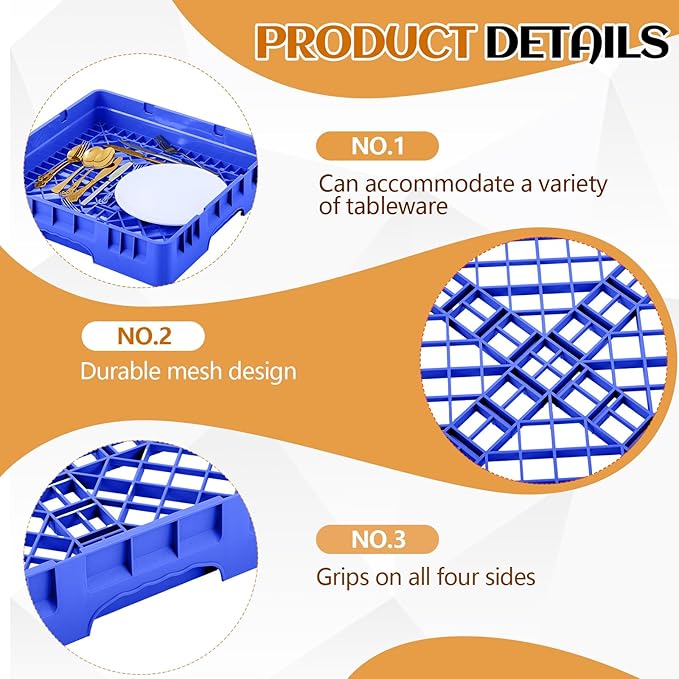 Commercial Dishwasher Tray Rack Polypropylene Full Size Flatware Rack for Bowls Plates Knives Forks Cups(19.7 x 19.7 x 3.97 Inch,Blue)