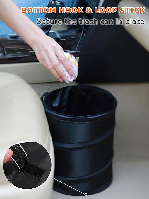 Ginsco 2 Gallons New Leakproof Car Trash Can, Compact Trash Can Pop-up Collapsible Hanging Car Trash Bin with Hook and Loop, Waterproof PEVA Liner Open-Top Garbage Can for Cars Home Office