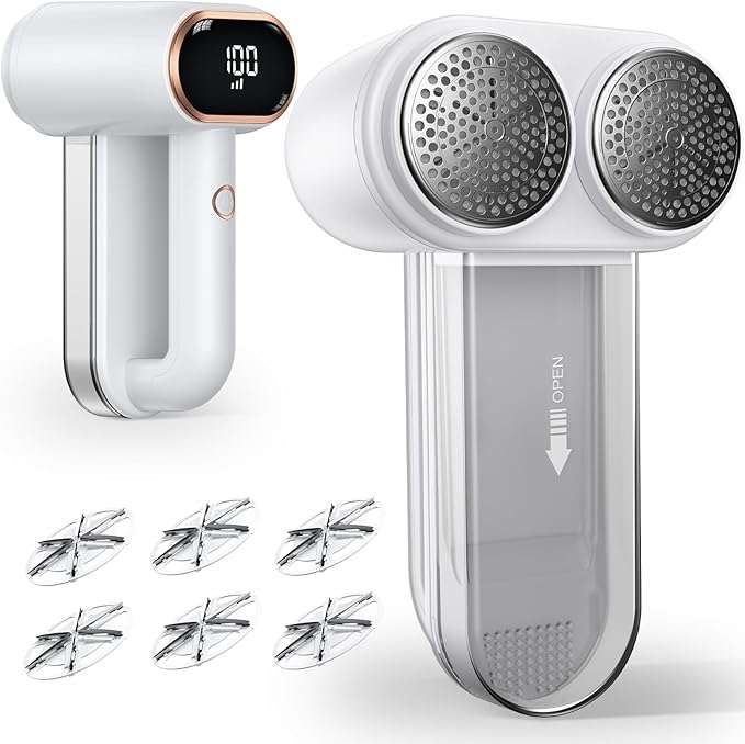 Fabric Shaver and Lint Remover, 6 Stainless Steel Blades, Dual-Head Rechargeable Sweater Shaver with LED Display, 3 Speeds, Electric Defuzzer for Clothes, Fuzz, Pills and Furniture