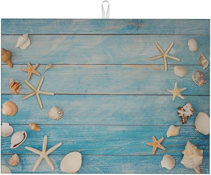 Seashells Starfish On Blue Wood Absorbent Microfiber Xl Dish Drying Mat For Kitchen Countertop Extra Large Reversible Drainer Rack Pad 18 X 24 Inch