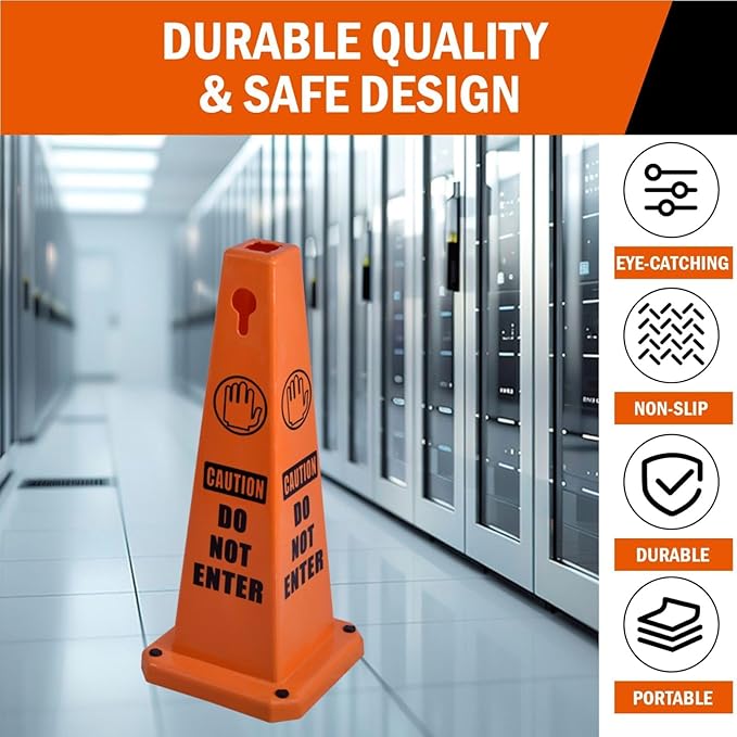4-Pack 26.5" Caution Cones, 4-Sided Visible Safety Signs with Heavy Rubber Base, Warning for Slip & Fall Prevention, Indoor/Outdoor Use (Orange, 4Pcs-Do Not Enter)