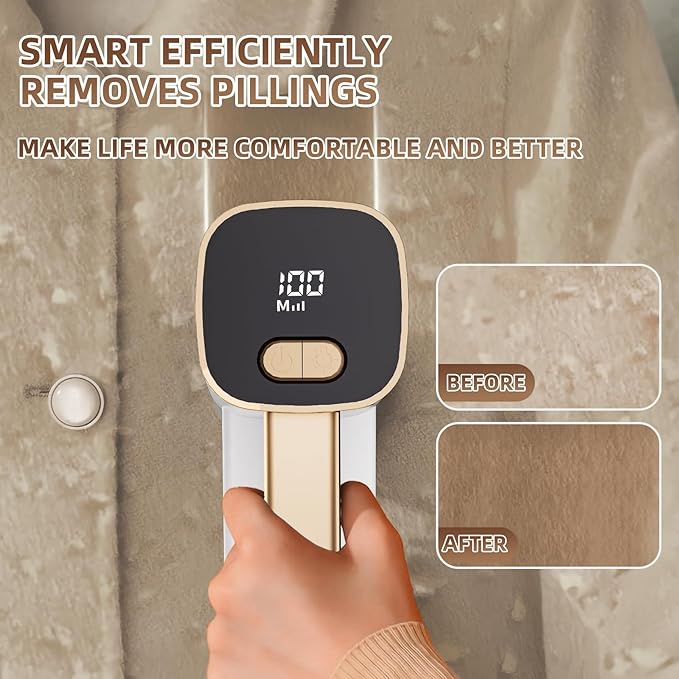 Rechargeable Lint Remover, Fabric Shaver Fuzz Remover, Sweater Shavers with 6-Leaf Blades, 3-Speeds Digital LED Display to Remove Pilling for Clothing and Furniture, Lint Ball, White