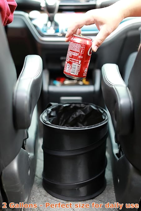 Ginsco 2Packs 2 Gallons New Leakproof Car Trash Can, Compact Trash Can Pop-up Collapsible Hanging Car Trash Bin with Hook and Loop, Waterproof PEVA Liner Open-Top Garbage Can for Cars Home Office