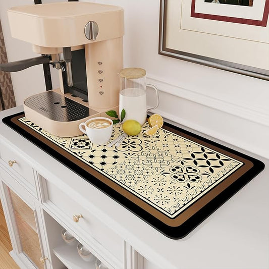 AMOAMI Coffee Mat Hide Stain Rubber Backed Absorbent Dish Drying Mat for Kitchen Counter - Fits Under Coffee Maker or Machine - Khaki 17x31.5