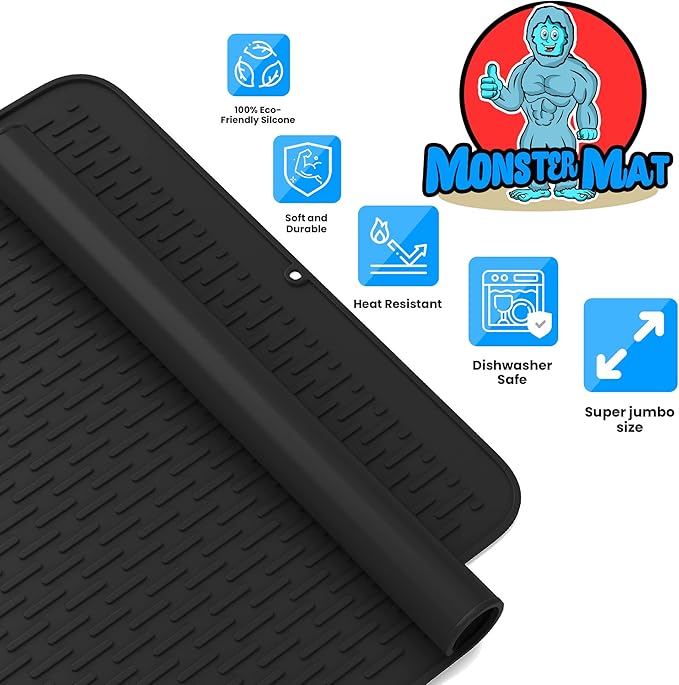 Extra Large (30 inch by 24 inch) heavy duty silicone dish drying mat for kitchen counters by MonsterMat (Black, XL - 30"x24")