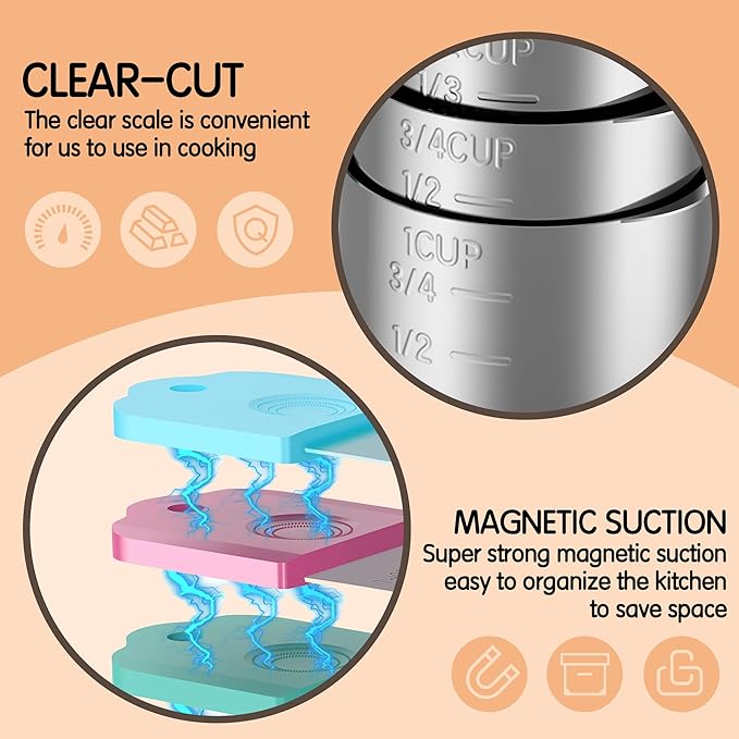 Magnetic Measuring Cups, 5 Stainless Steel Nesting Measuring Cup Set for Measuring Dry or Liquid Ingredients