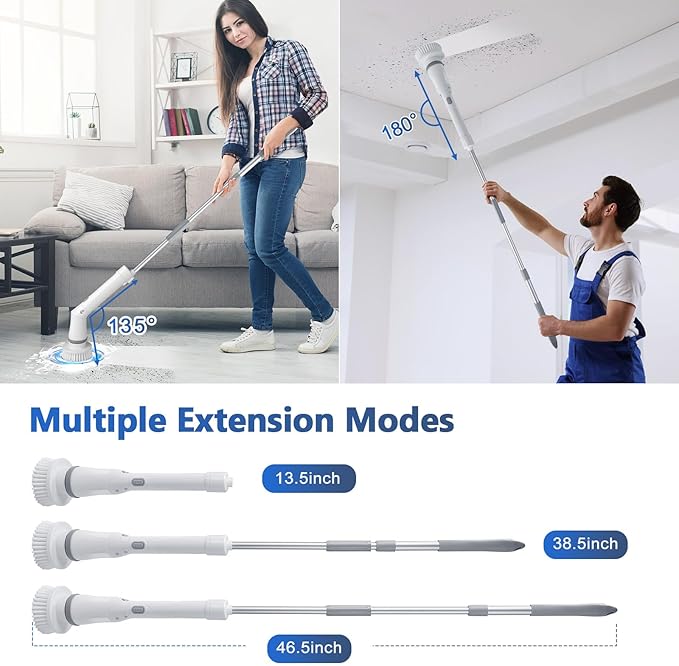 Qimedo Upgrade Rechargeable Electric Scrubber for Cleaning, 45-inch Handheld Spin Scrubber with Extended Long Handle, Cordless Power Dish Scrubber with 6 Brushes for Bathtub Grout Tile Floor