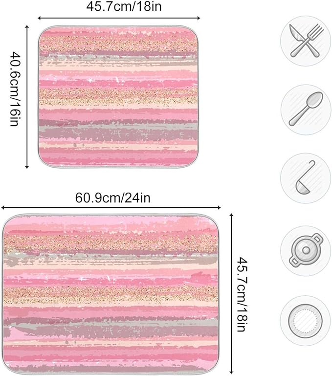 Pink Gold Stripe Dish Drying Mat for Kitchen Countertop 16x18 Rectangle Small Drying Mat Reusable Quick Dry Dish Sink Absorbent Mats Dishwasher Easy Clean Decorative Home Decor Essentials