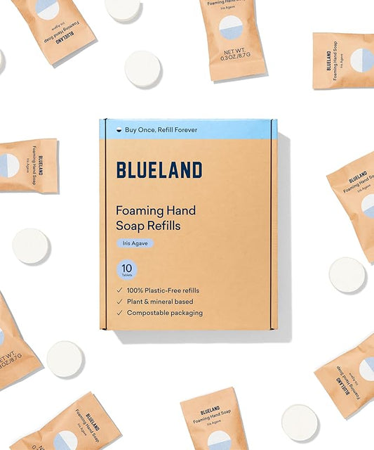 BLUELAND Foaming Hand Soap Refill Tablets, 10-Pack, Iris Agave Scent, Eco Friendly Cleaning Products, 10 x 9 Fl oz