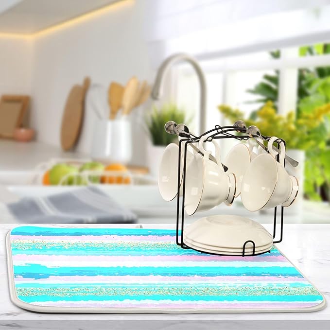 Turquoise Stripe Dish Drying Mat for Kitchen Countertop 18x24 Rectangle Teal Aqua Large Drying Mat Reusable Quick Dry Dish Sink Absorbent Mats Dishwasher Easy Clean Decorative Home Decor Essentials