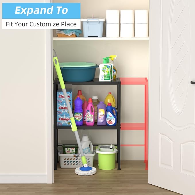 2-Tier Expandable Metal Storage Shelves, 150LBS Heavy Duty Shelving Units and Storage,Adjustable Utility Organization and Storage Shelf Rack For Kitchen Garage Laundry Bathroom Pantry Warehouse