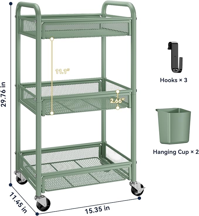 YASONIC 3 Tier Rolling Cart – Metal Utility Storage Cart with Wheels, Craft Carts Organizer with Hanging Cups, Hooks, Mesh Basket for Bedside Kitchen Office Art, Green