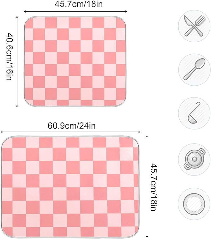 Buffalo Plaid Pink Dish Drying Mat for Kitchen Countertop 18x24 Chessboard Rectangle Large Drying Mat Reusable Quick Dry Dish Sink Absorbent Mats Dishwasher Easy Clean Decorative Home Essentials