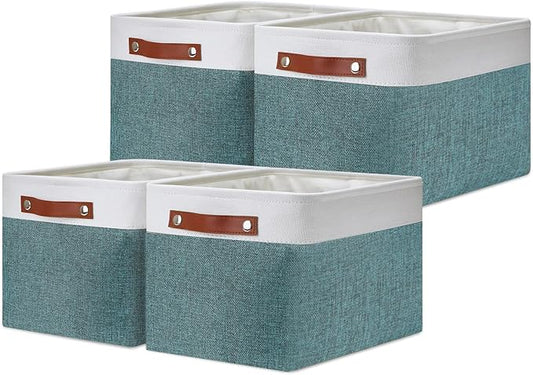 DULLEMELO Storage Baskets for Shelves, Fabric Collapsible Rectangular Storage Bins for Shelves, Closets, Nursery, Home, Office, Empty Gift Baskets (4-Pack-15"*11"*9.5", White&Deep Green)
