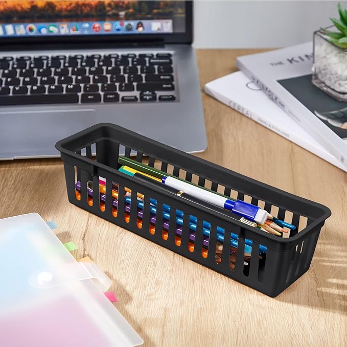 Domensi 24 Pcs Slim Plastic Storage Baskets Tray for Organizing 10.25 x 3.25 x 2.5 Inch Small Storage Bins Stackable Drawer Pencil Trays Holder for Desk Garage Office Containers(Black)