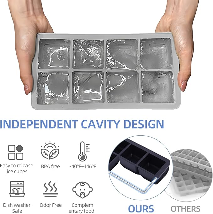 2 Pack Silicone 2 Inch Large Ice Cube Molds for Cocktails Wine Fruit and Bourbon Whiskey Easy Release Ice Cube Tray with Lid Ideal for Cold Drinks and Entertaining Gatherings (Grey)